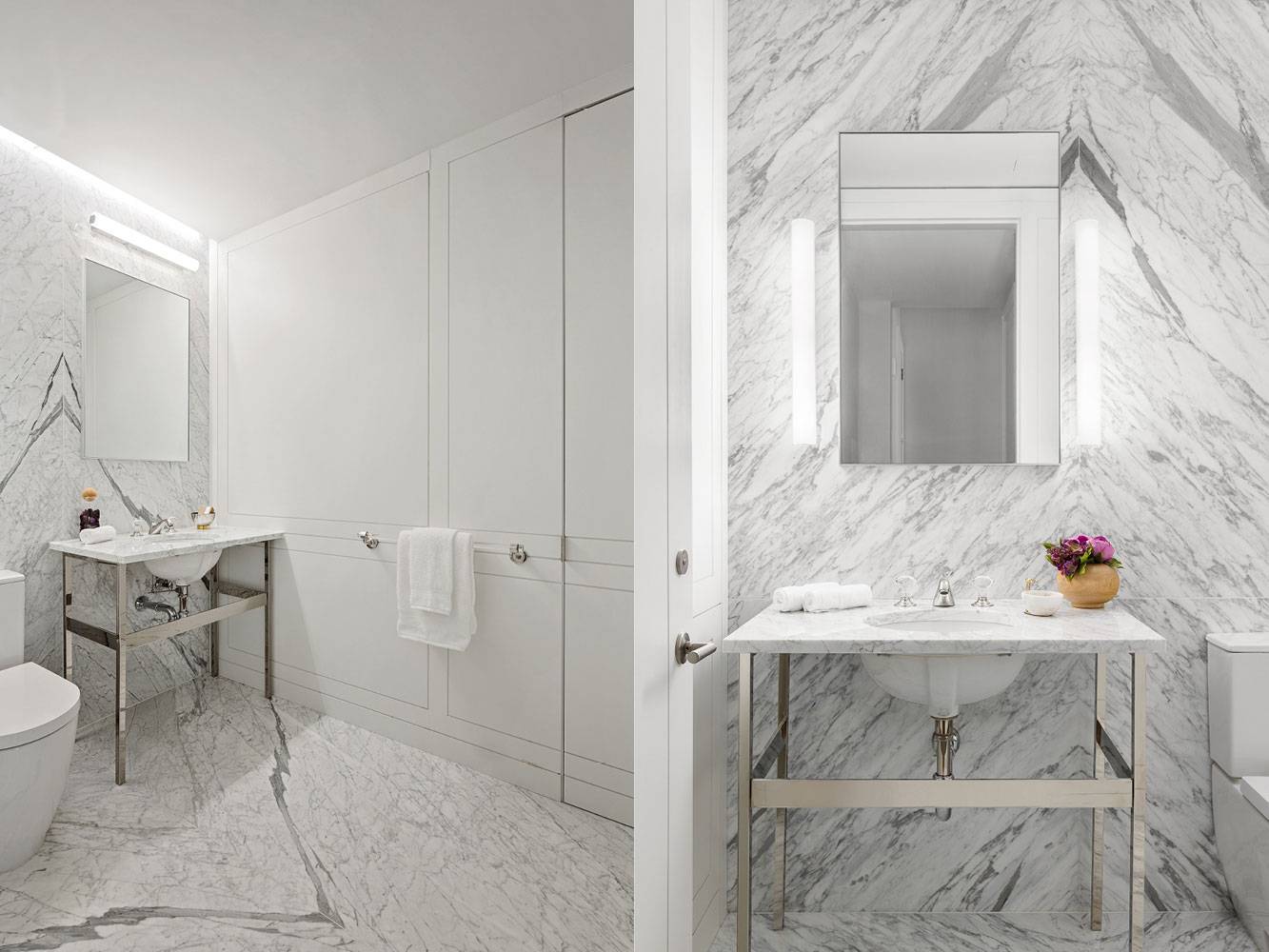 1289 Lexington powder room with marble floor and wall and custom vanity
